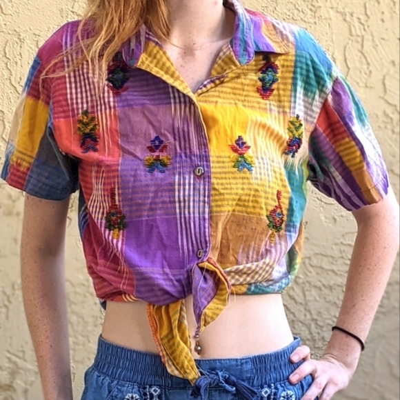 Vintage 80's Rainbow Plaid Embroidered Collared Tie Shirt - Small - Picture 1 of 4